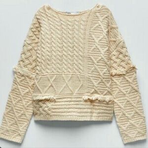 NWT Zara Boho Patchwork Boxy Design Cream Cable Chunky Knit Fringe Sweater S